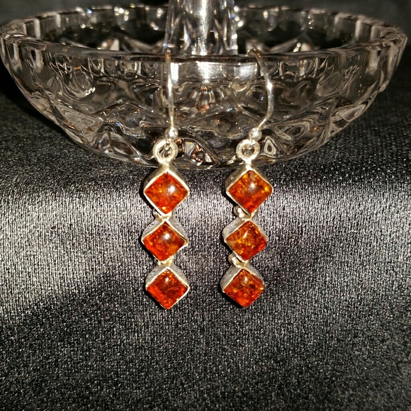 Hand Crafted Jewelry - 925 Silver Amber Trio Hook Earrings
